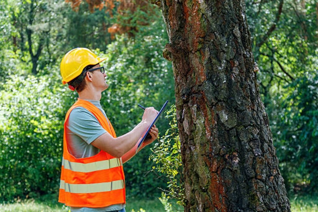 Tree service professional inspecting storm-damaged tree and assessing safety risks in Cuyahoga Falls, OH